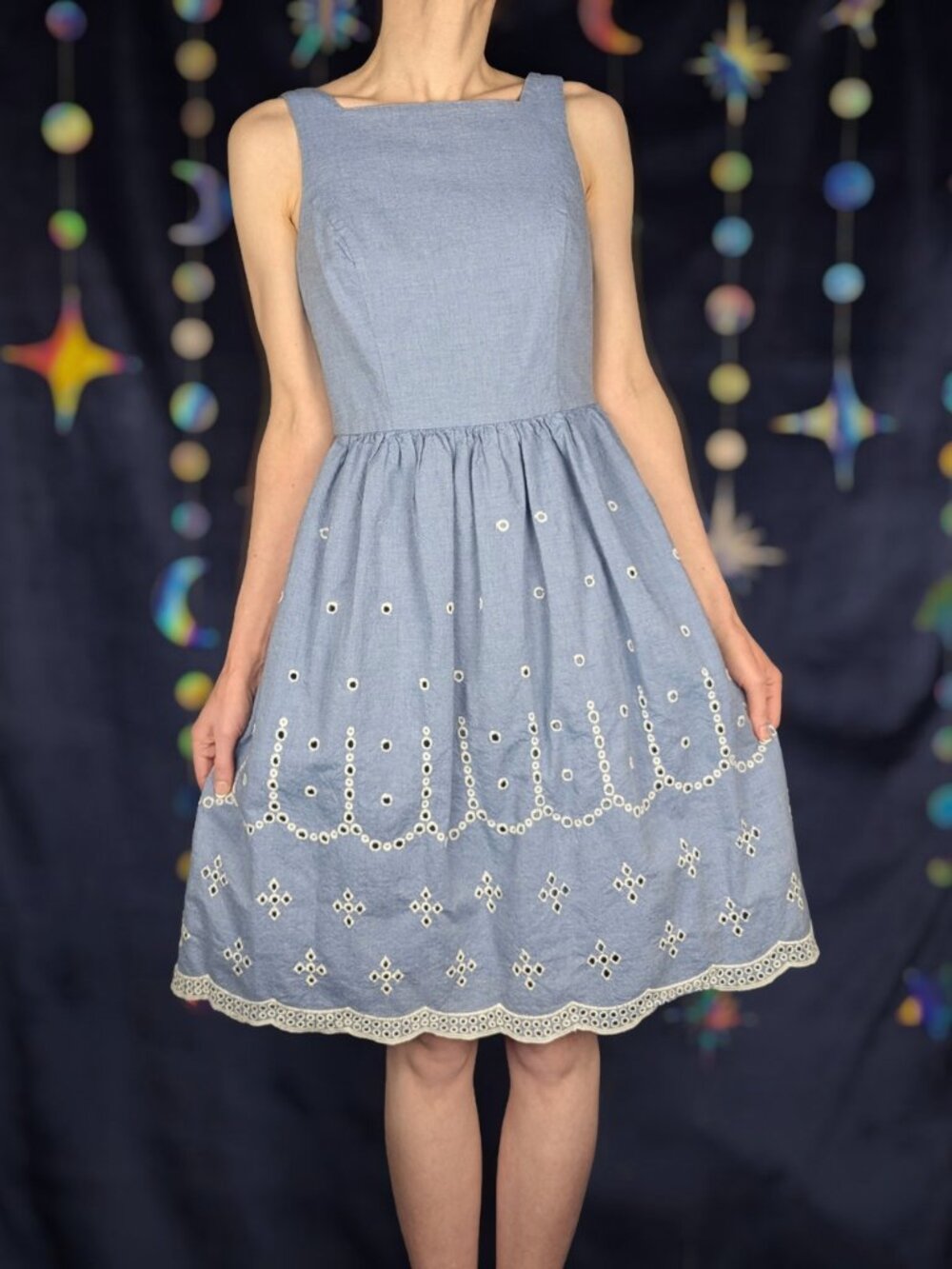 ModCloth Chambray Embroidered Eyelet Sleeveless Low Back Buttoned Dress
